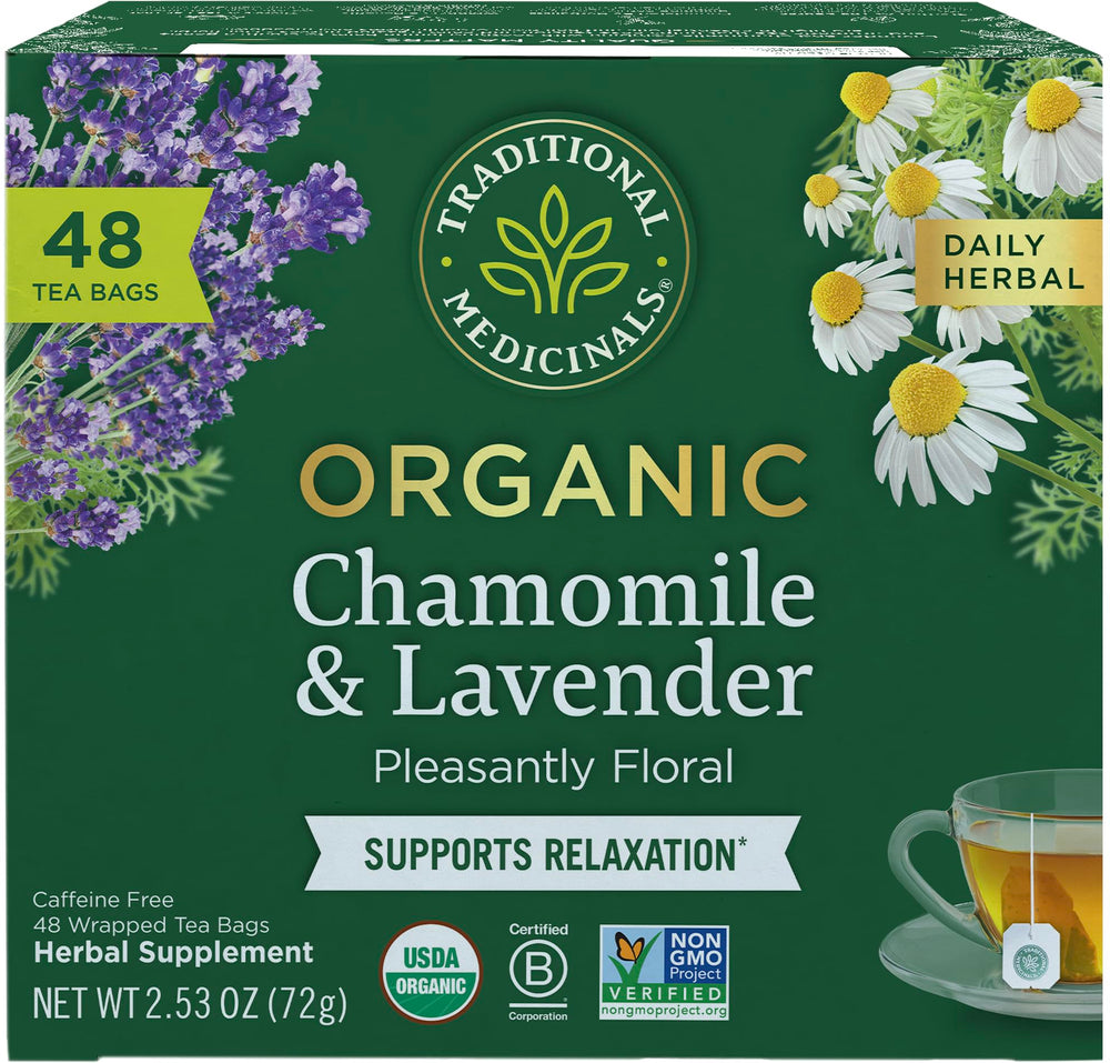 Traditional Medicinals Chamomile and Lavender tea bag ready for a relaxing brew