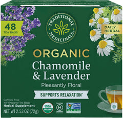 Traditional Medicinals Chamomile and Lavender tea bag ready for a relaxing brew