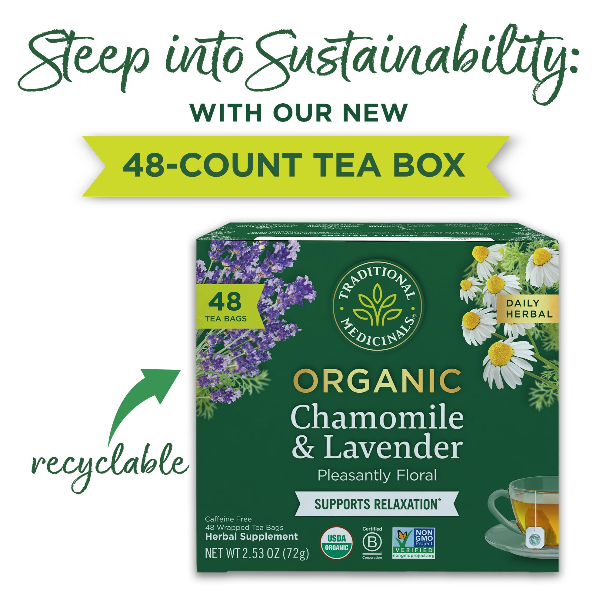 Traditional Medicinals Chamomile and Lavender tea cup with steam promotes calm moments