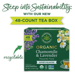 Traditional Medicinals Chamomile and Lavender tea cup with steam promotes calm moments