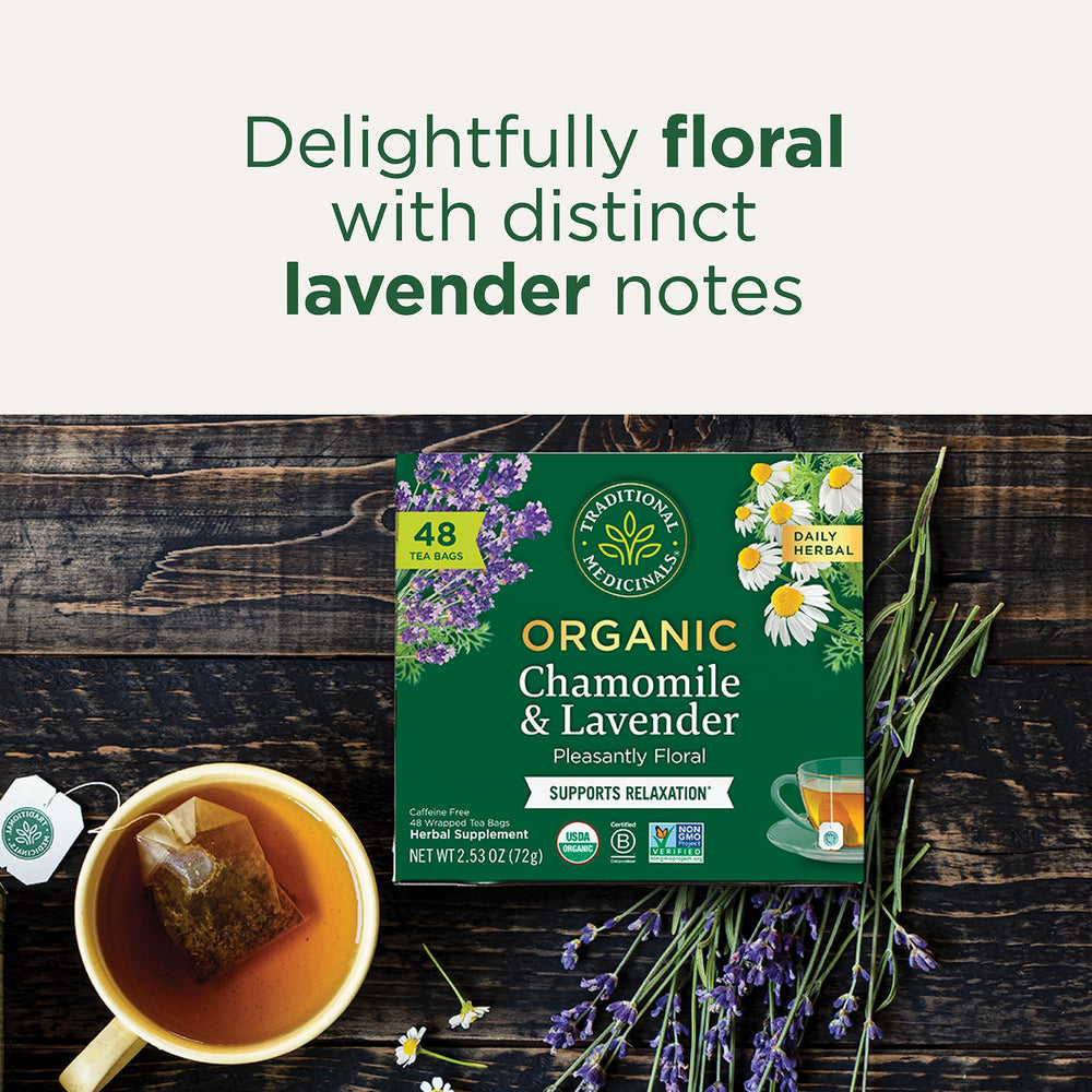 Traditional Medicinals Chamomile and Lavender tea on a display shelf for everyday rituals