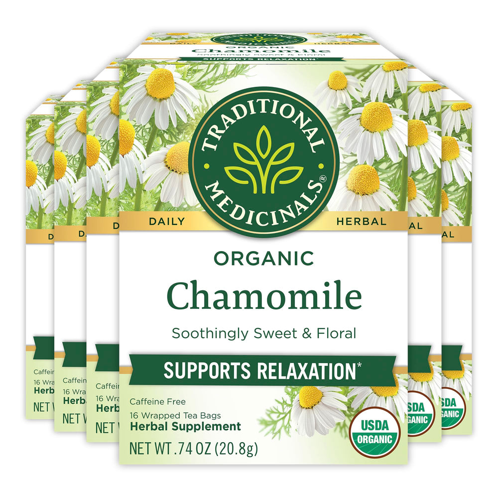 Traditional Medicinals chamomile tea bags ready for a calming evening ritual