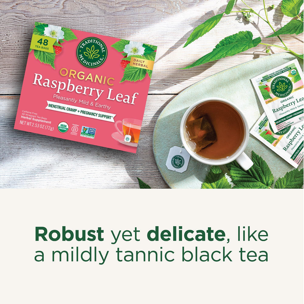 Compostable tea bags from Traditional Medicinals shown beside the box.