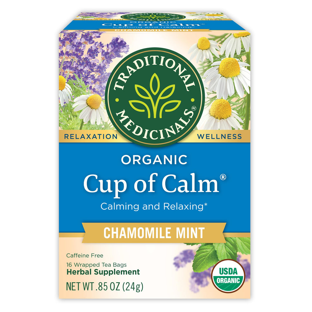 Traditional Medicinals Cup of Calm tea bags ready for a relaxing evening brew