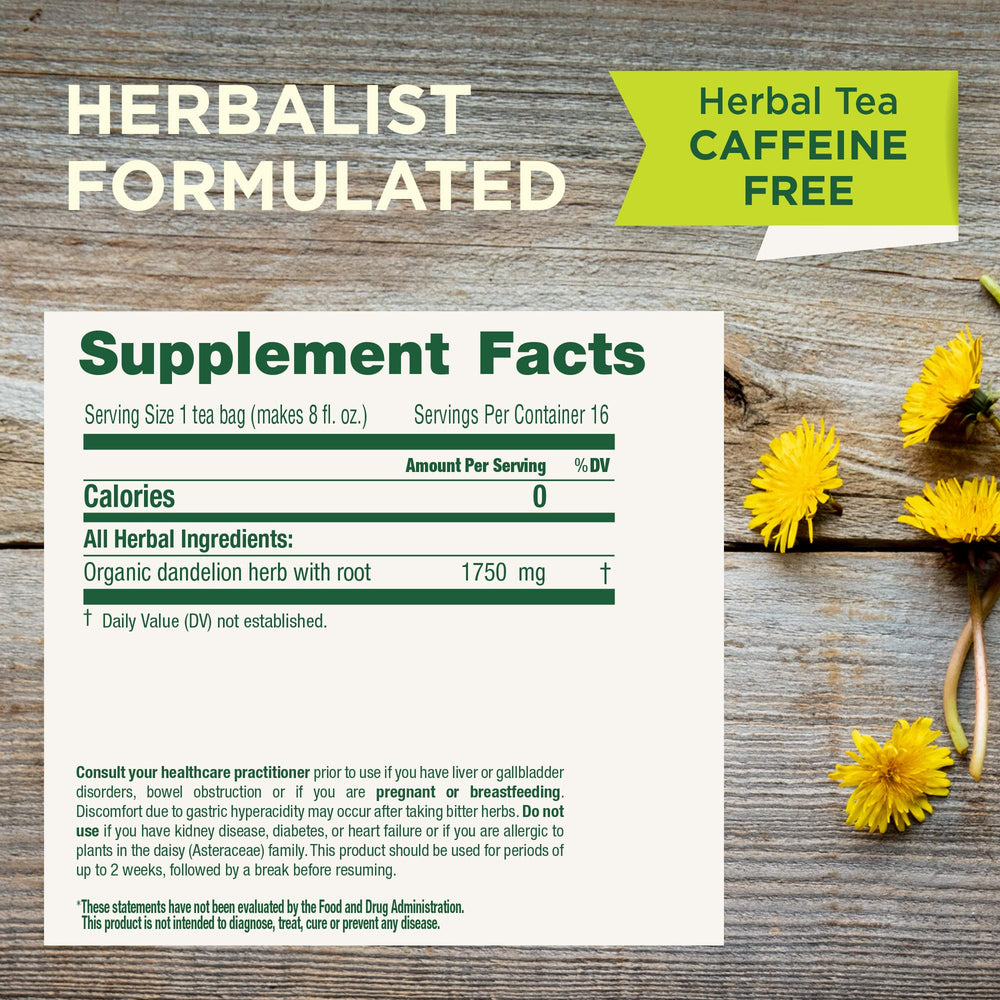 Traditional Medicinals Dandelion Tea bag in cup ready for a gentle daily ritual.