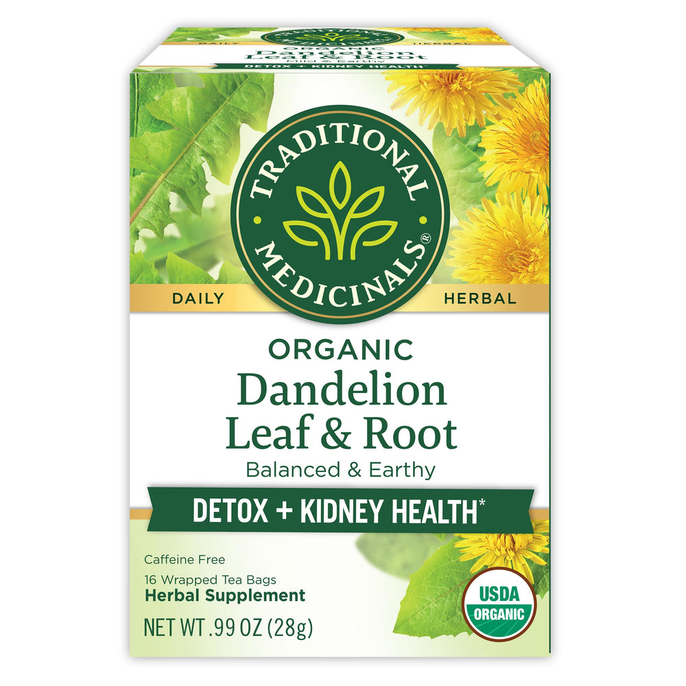 Traditional Medicinals Dandelion Tea packaging shows organic ingredients for digestion support.