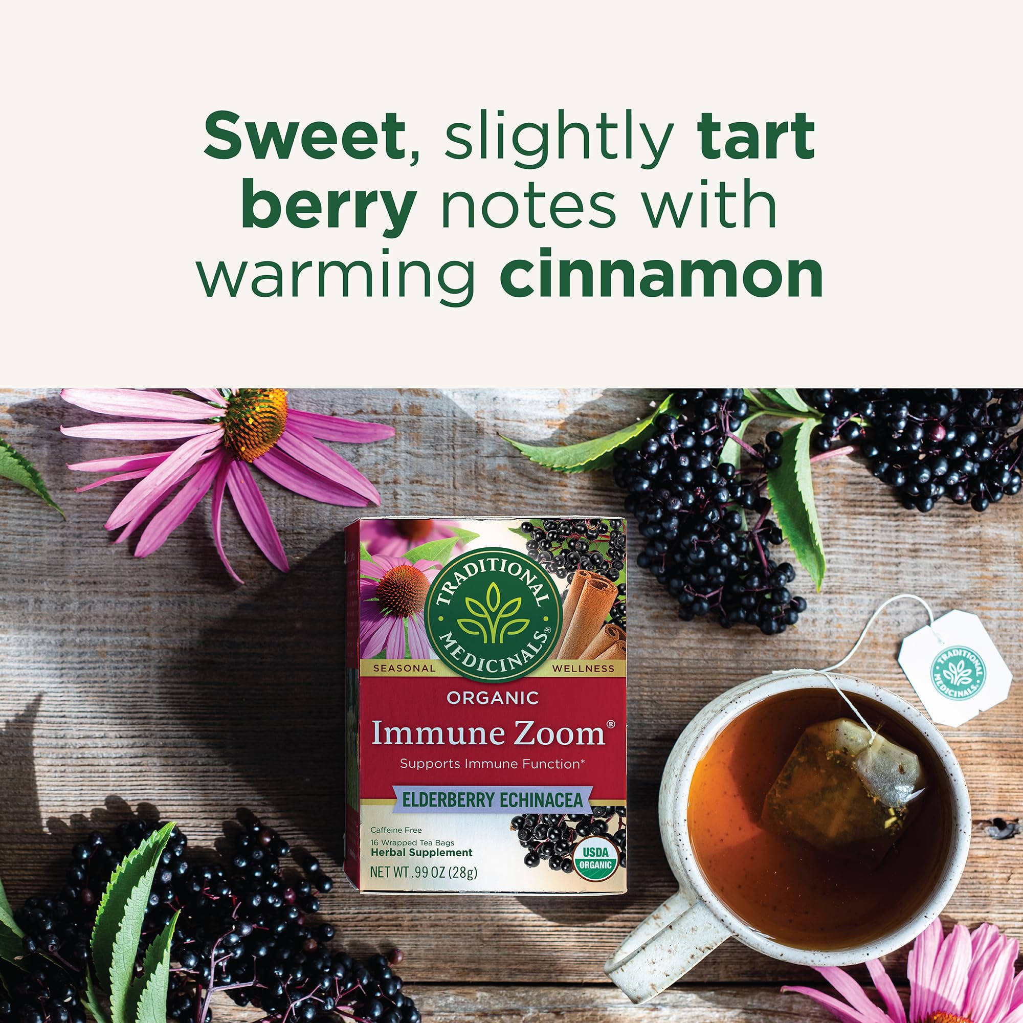 Traditional Medicinals Elderberry berries highlight the flavor profile in Immune Zoom
