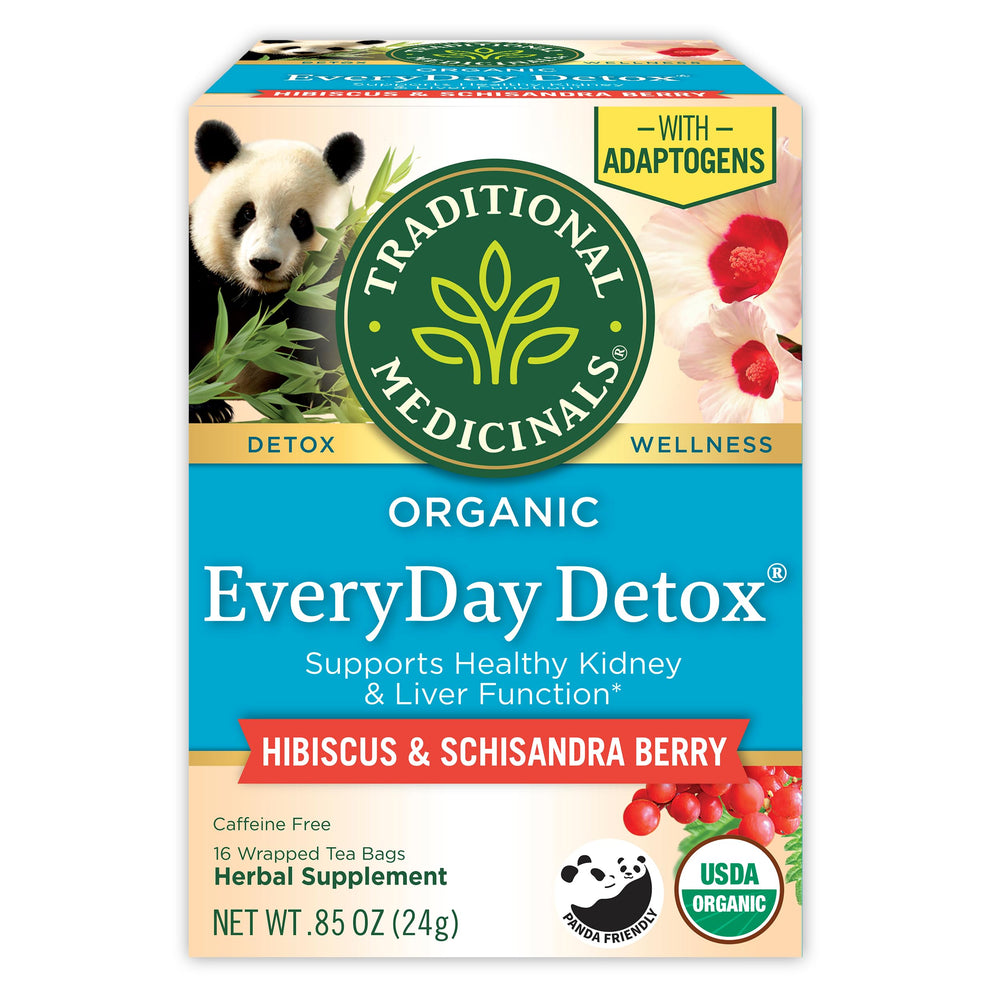 Traditional Medicinals Everyday Detox tea box front, organic caffeine-free blend for daily wellness