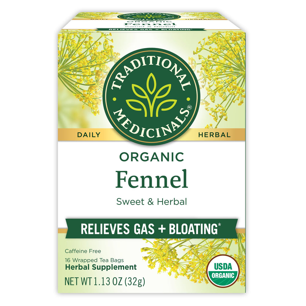 Traditional Medicinals fennel tea box with aroma for gentle digestion support.
