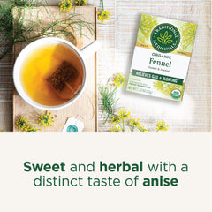 Traditional Medicinals fennel tea packaging highlights organic, high-quality sourcing.
