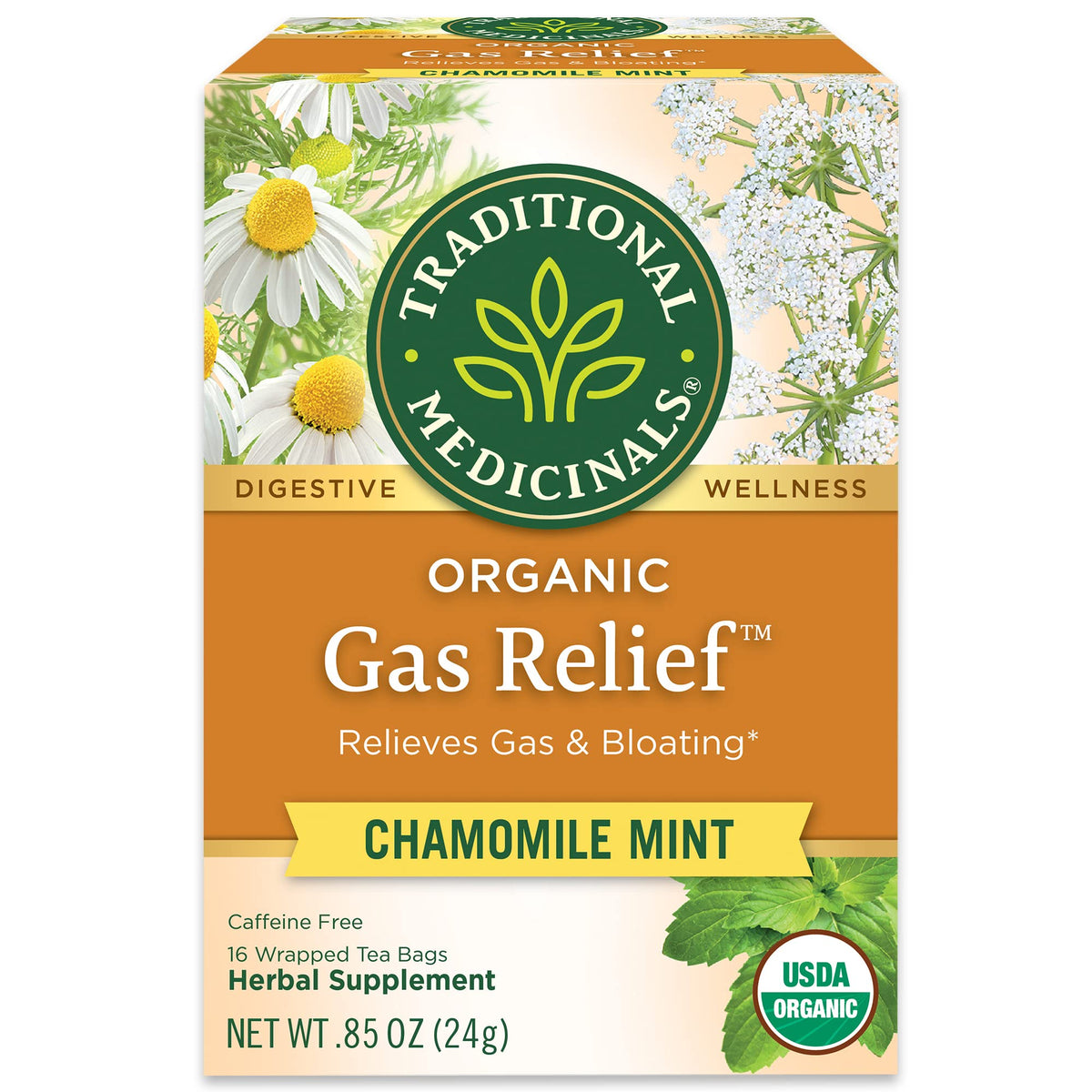 Traditional Medicinals Gas Relief tea bags on a counter, supports gentle digestion