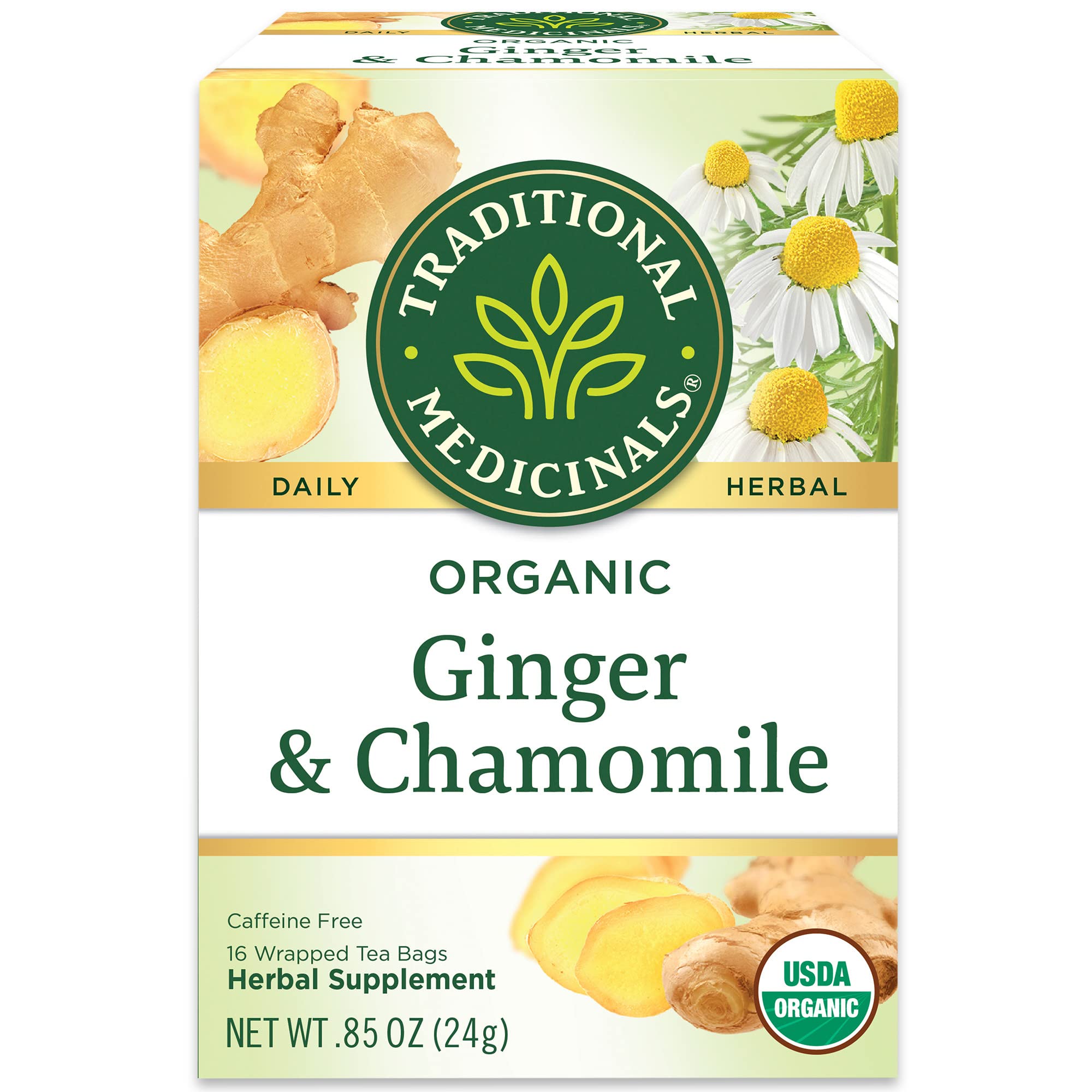 Traditional Medicinals Ginger & Chamomile tea box front showing organic blend and design for shopping