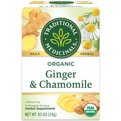 Traditional Medicinals Ginger & Chamomile tea box front showing organic blend and design for shopping