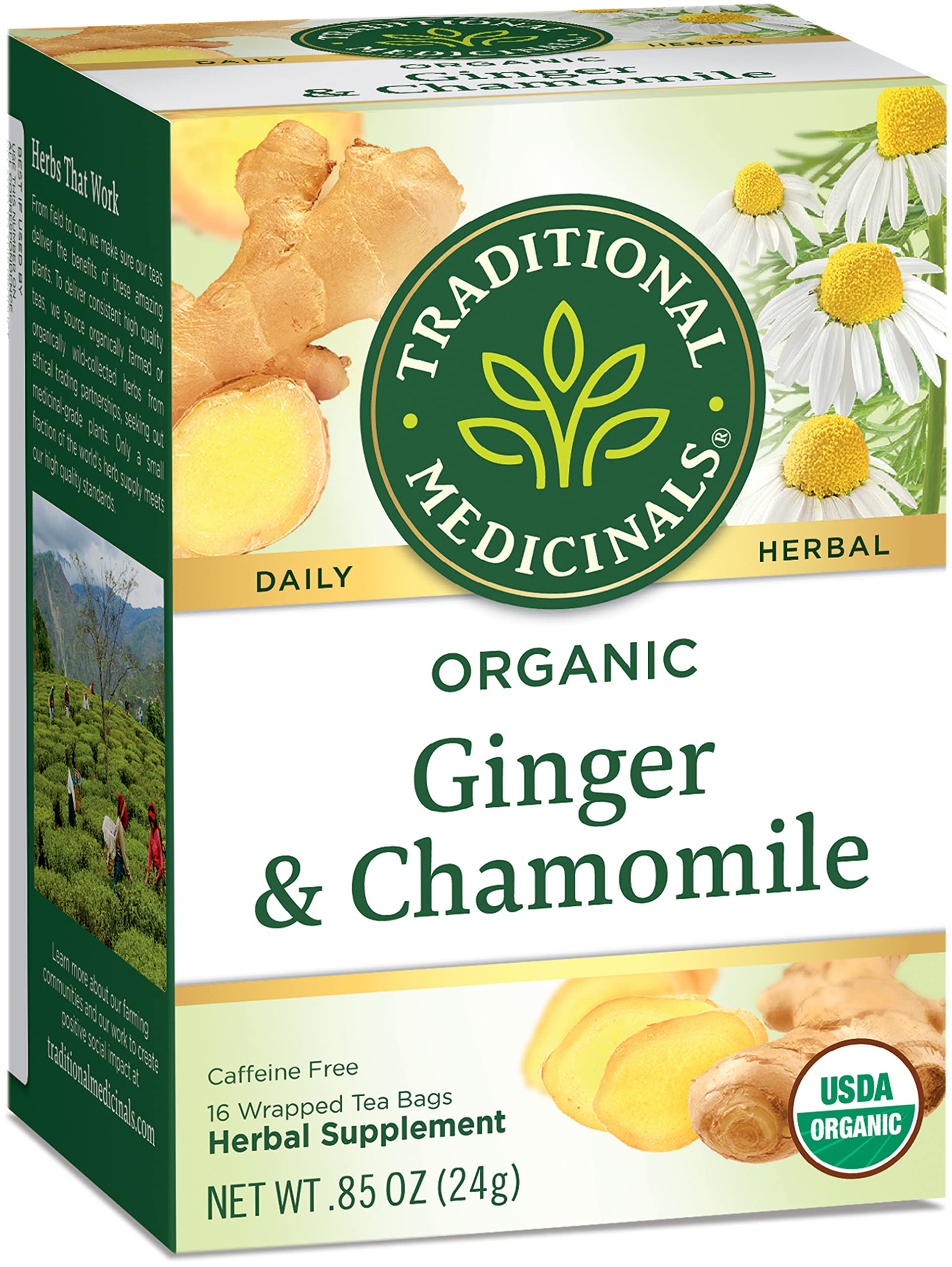 Traditional Medicinals Ginger & Chamomile tea box packaging with labeling details
