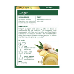 Traditional Medicinals Ginger Tea bags packaging conveys caffeine-free, easy digestion aid.