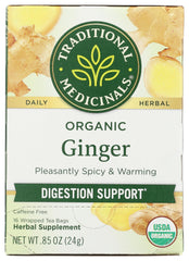 Traditional Medicinals Ginger Tea box front signals organic ginger for gentle digestion.