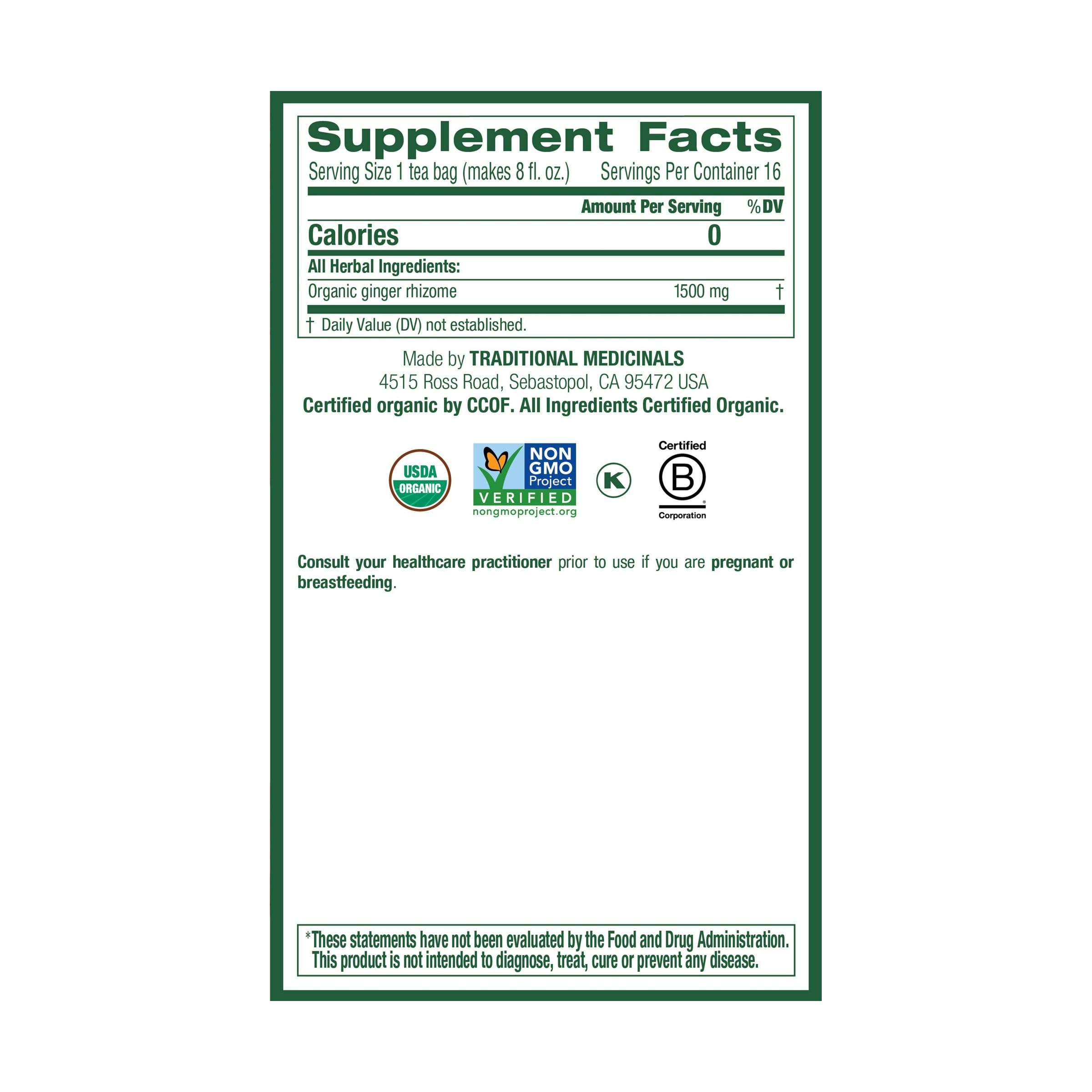Traditional Medicinals Ginger Tea packaging label emphasizes organic, non-GMO ingredients.