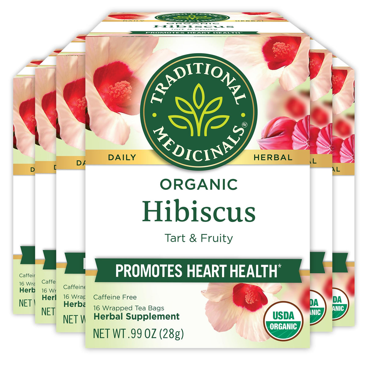 Traditional Medicinals hibiscus tea box, organic and caffeine-free.