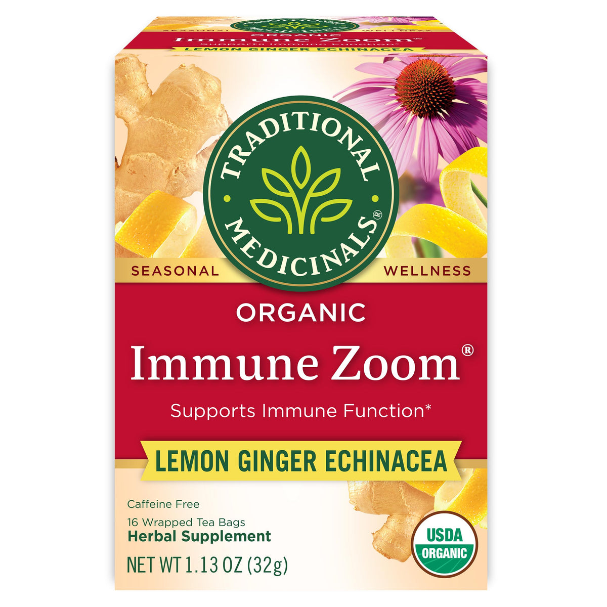 Traditional Medicinals Immune Zoom tea cup with lemon-ginger aroma for daily comfort.