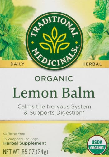 Traditional Medicinals lemon balm dry leaves close-up reveals bright citrus aroma.