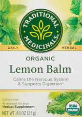 Traditional Medicinals lemon balm dry leaves close-up reveals bright citrus aroma.