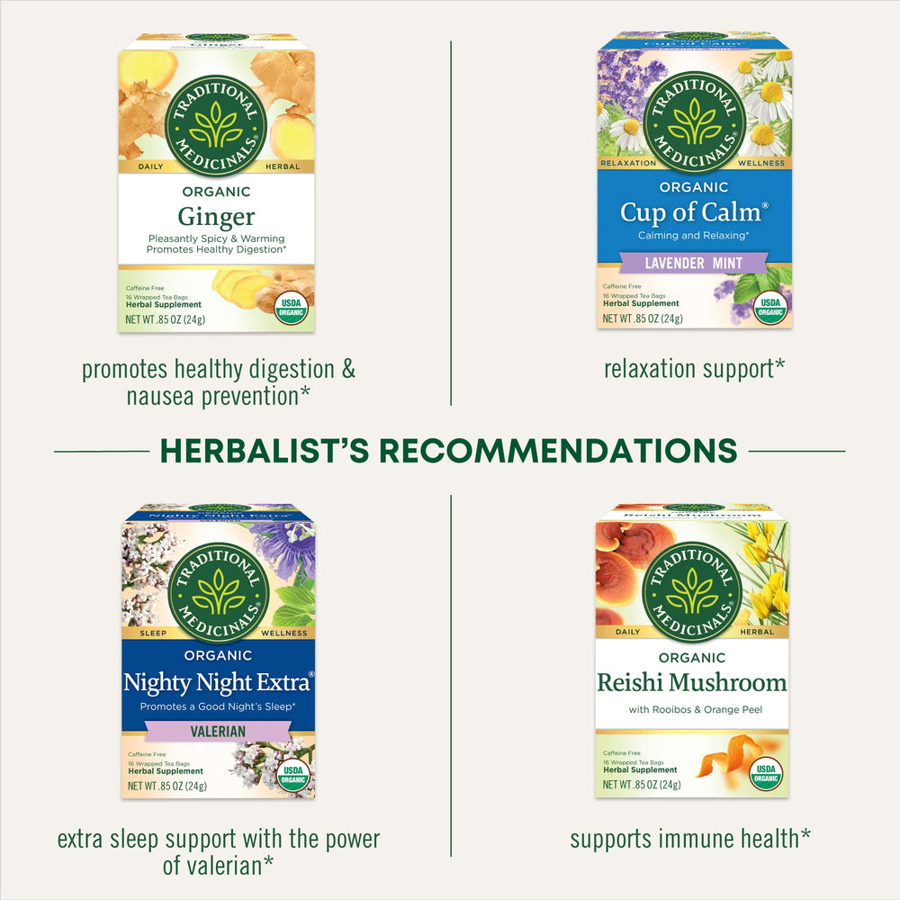 Traditional Medicinals Lemon Balm herbal tea label with organic certification.