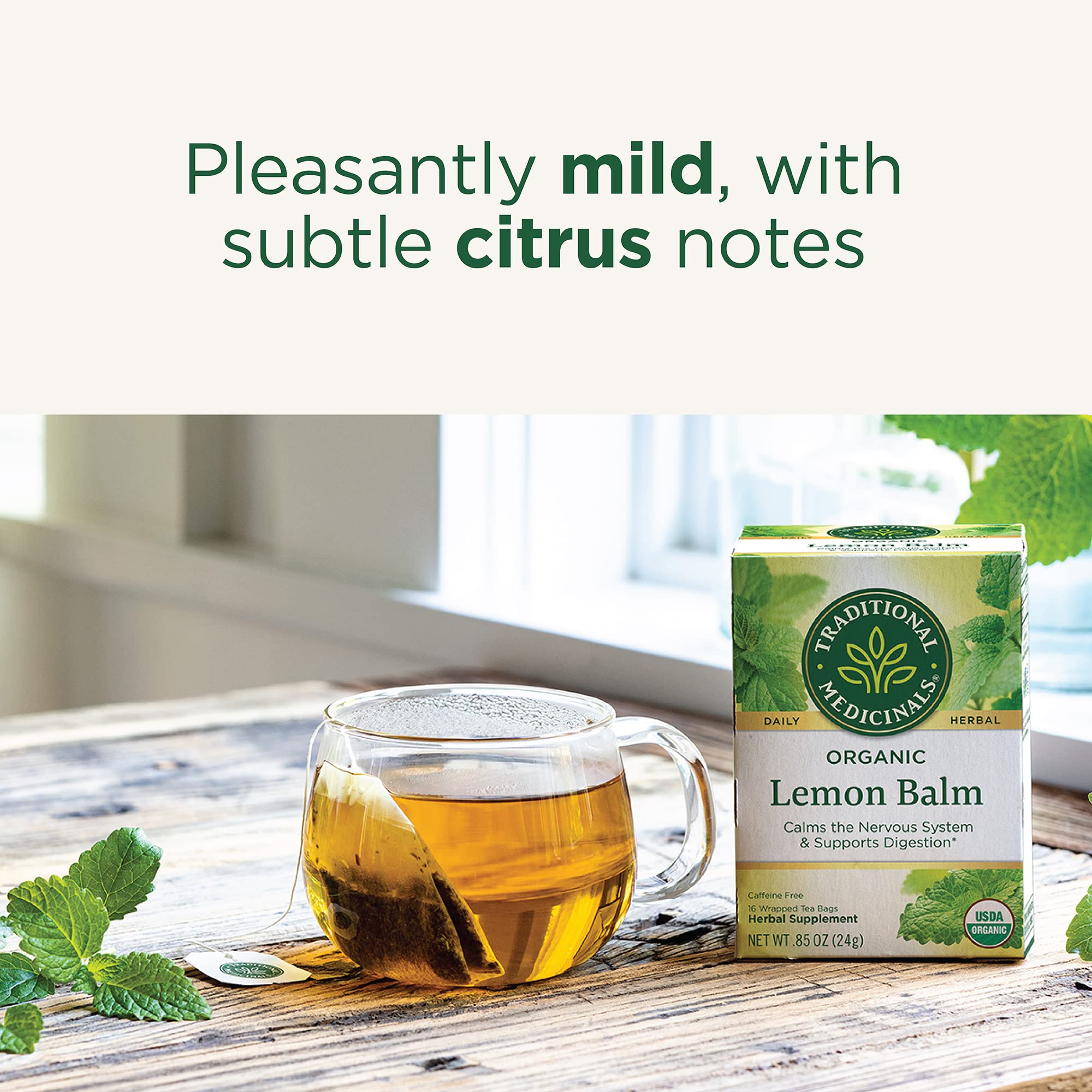 Traditional Medicinals Lemon Balm tea bag closeup reveals leaves and texture.