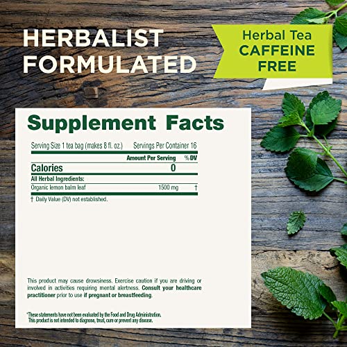 Traditional Medicinals organic lemon balm tea package highlights organic, kosher, non-GMO credentials.