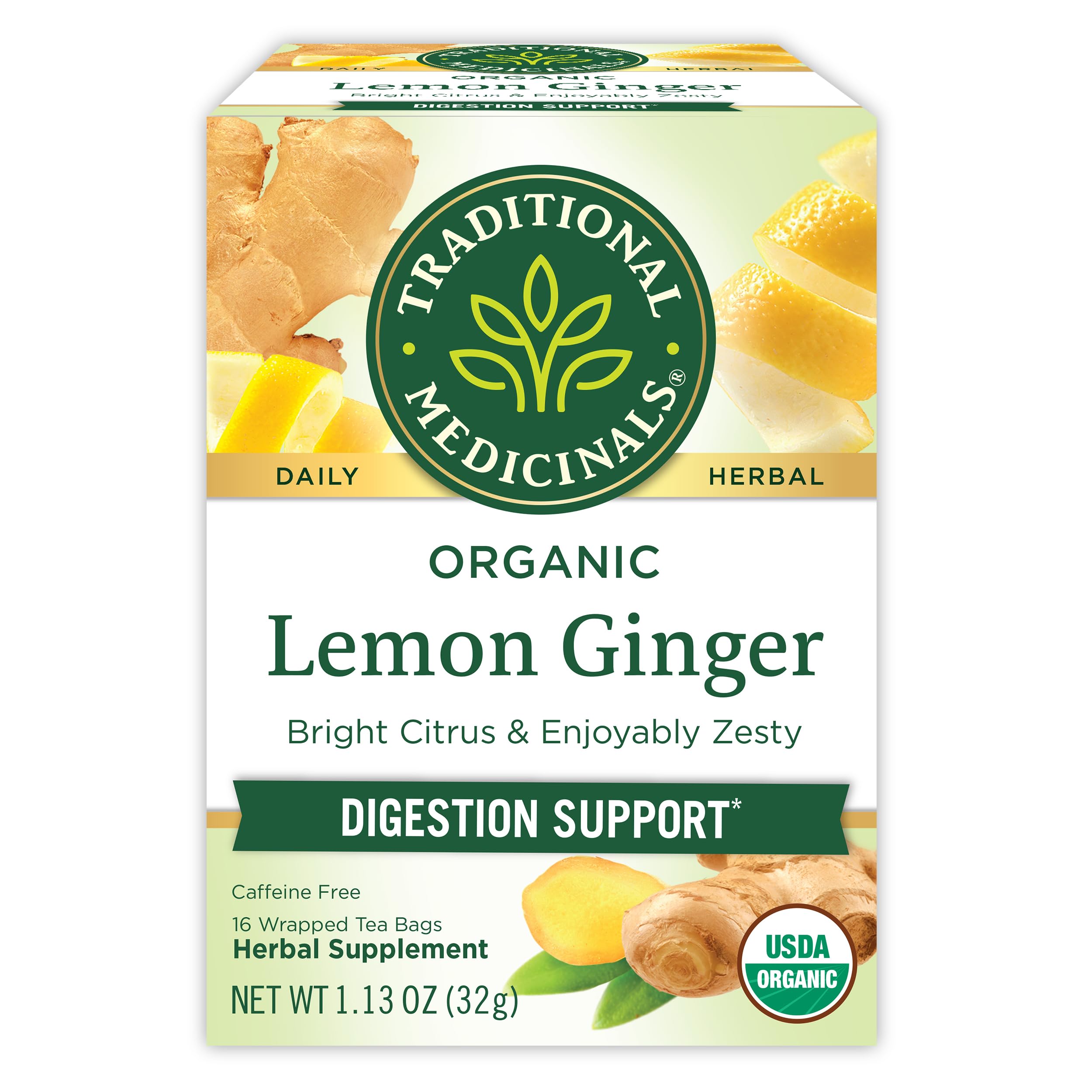 Traditional Medicinals Lemon Ginger Tea packaging shows organic blend for digestive comfort