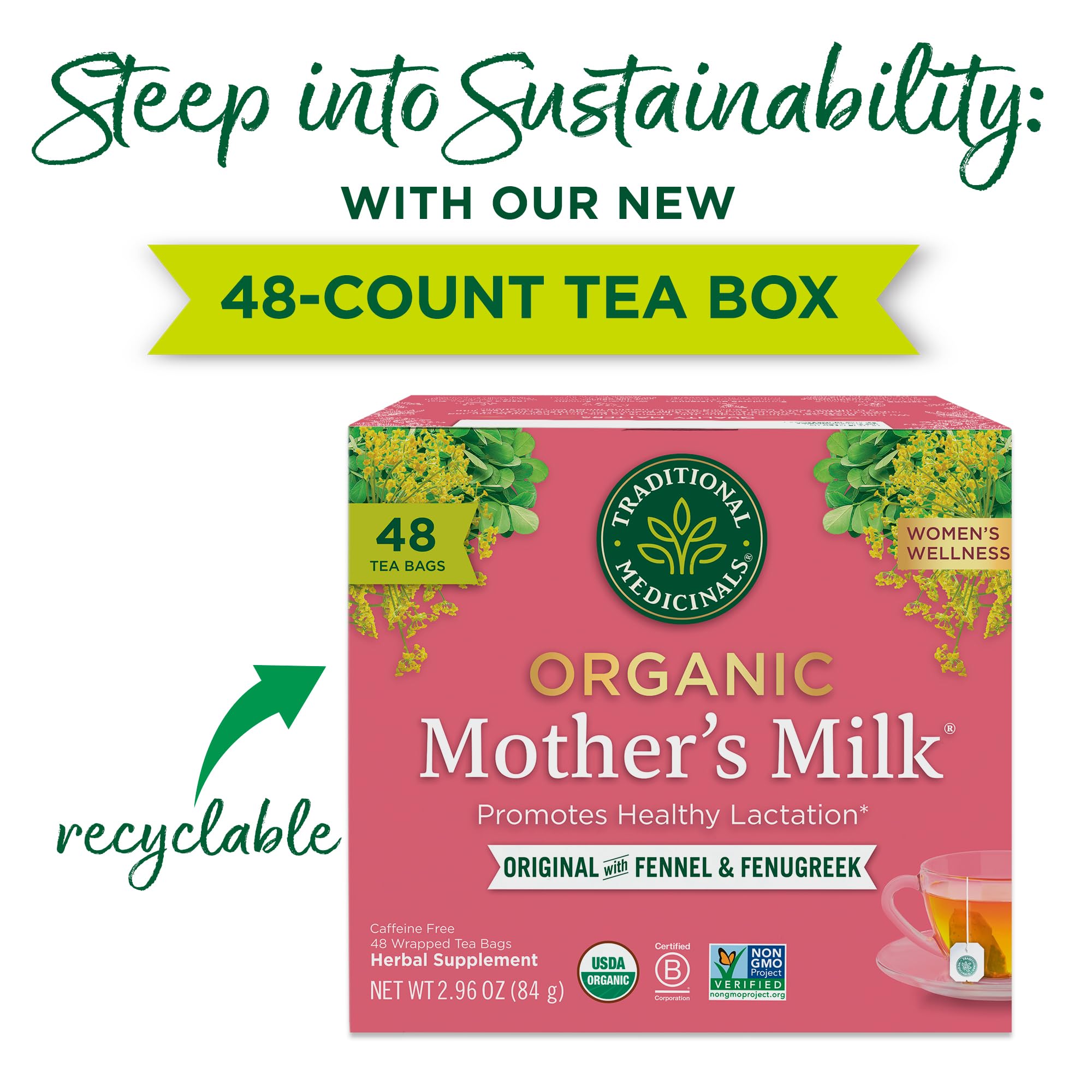 Traditional Medicinals Mother's Milk tea steeping cup releasing fragrant steam.
