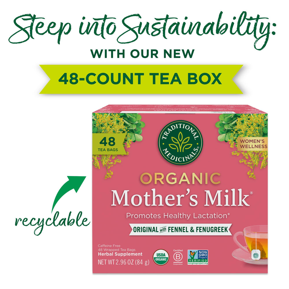 Traditional Medicinals Mother's Milk tea steeping cup releasing fragrant steam.