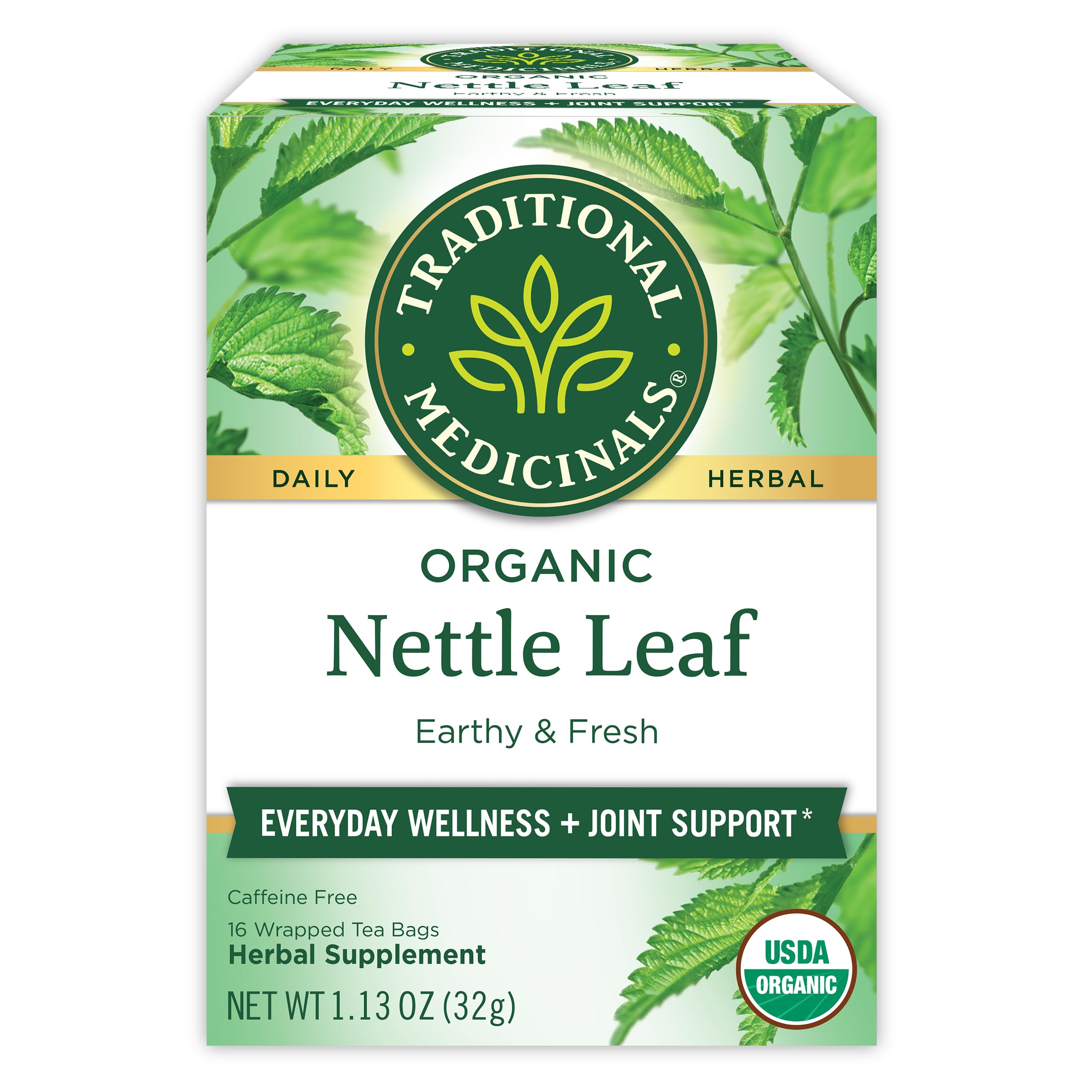 Traditional Medicinals nettle tea box showing organic, kosher, caffeine-free formula for daily wellness