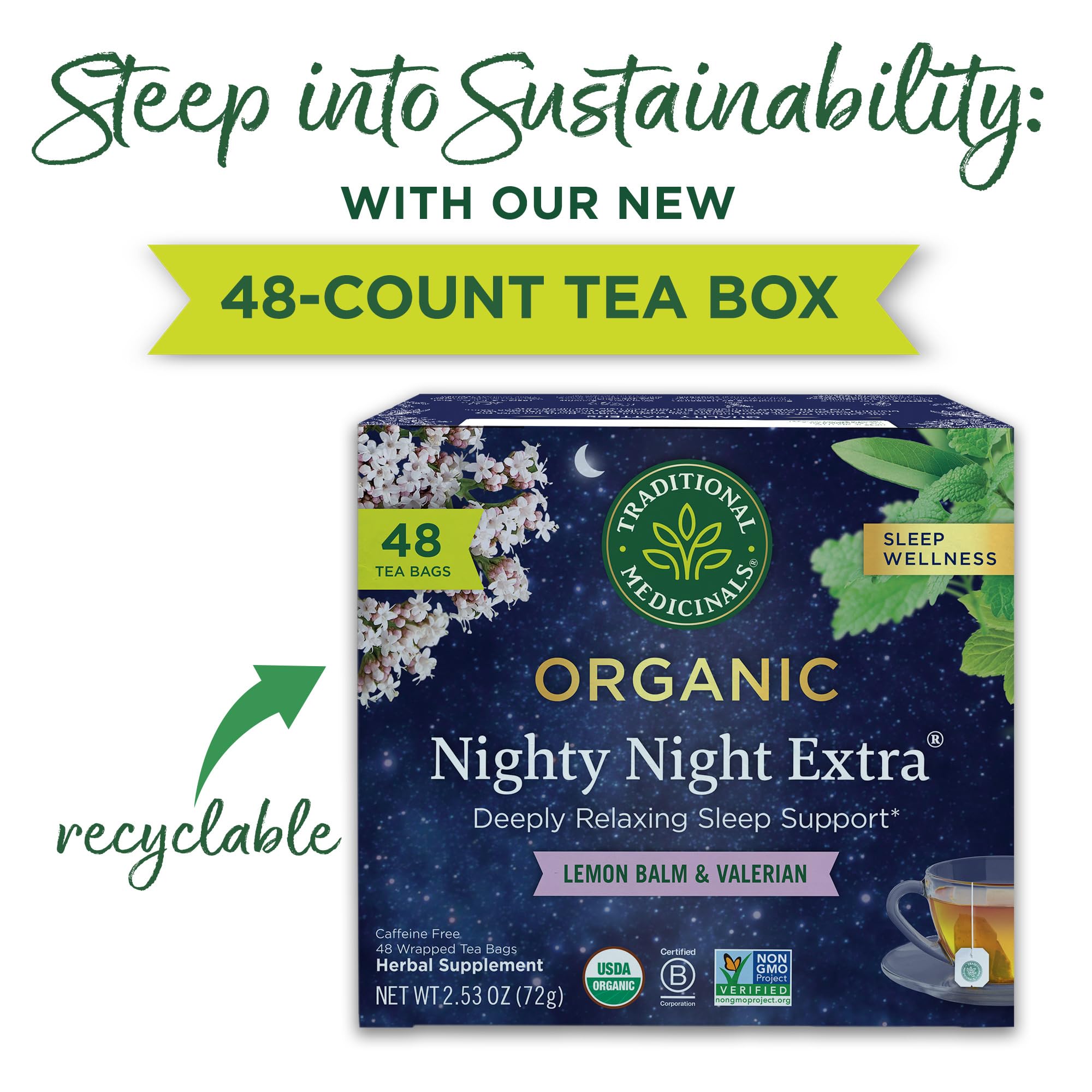 Traditional Medicinals Nighty Night Extra valerian brew steeping to invite relaxation.