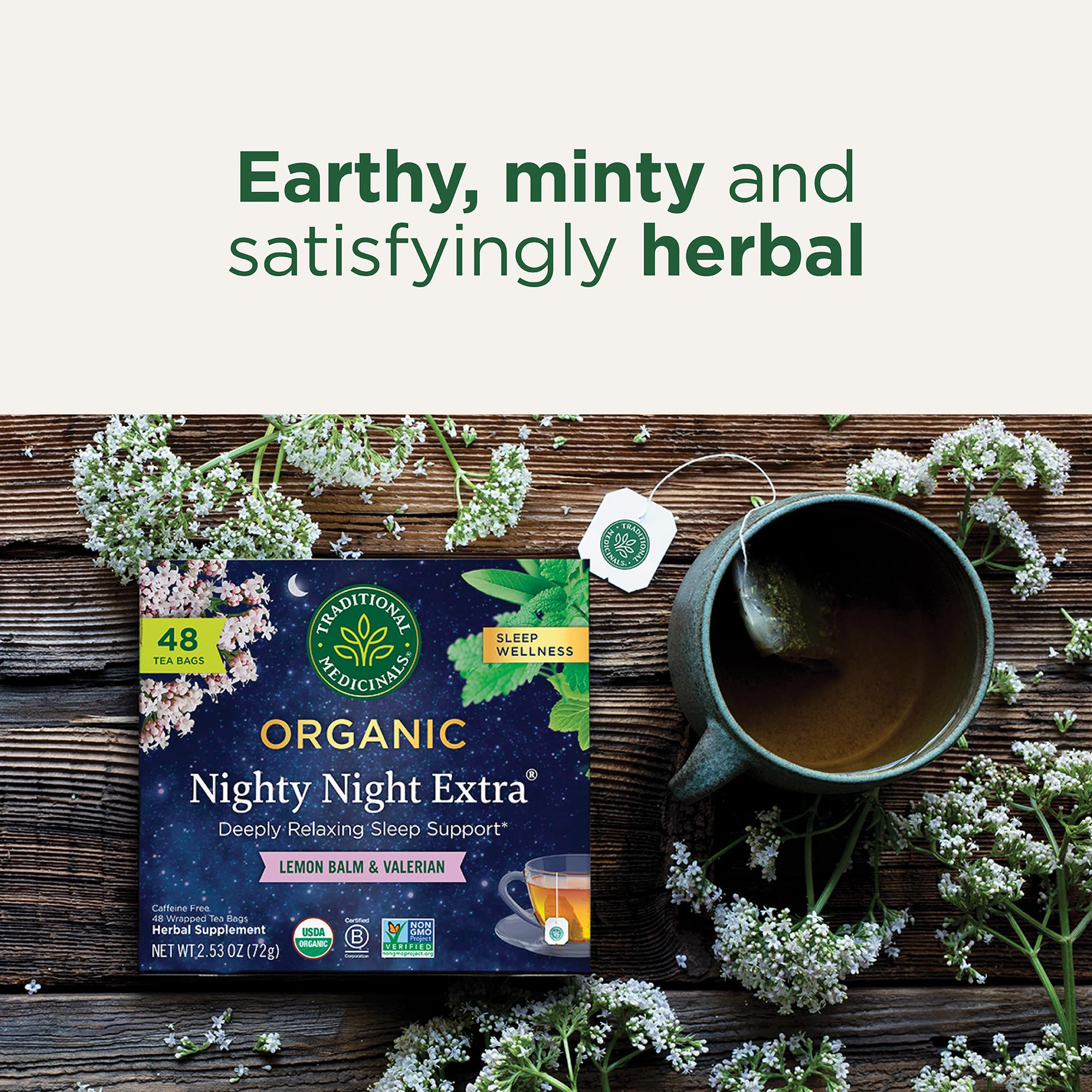 Traditional Medicinals Nighty Night Extra packaging emphasizes sustainability and compostable bags.