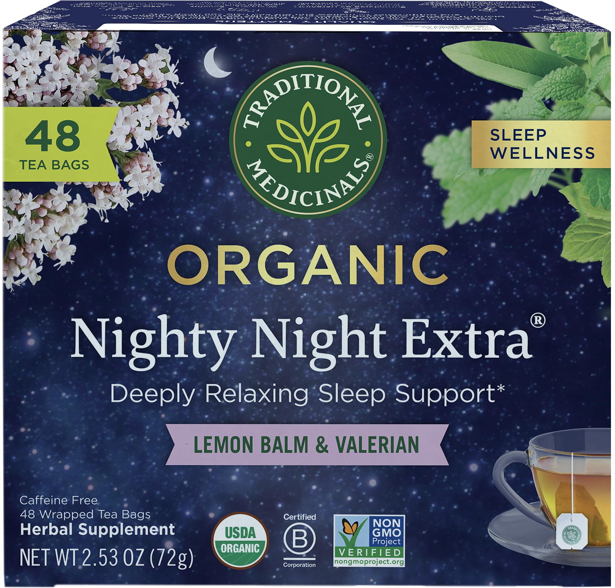 Traditional Medicinals Nighty Night Extra tea bag ready for a calming bedtime ritual.