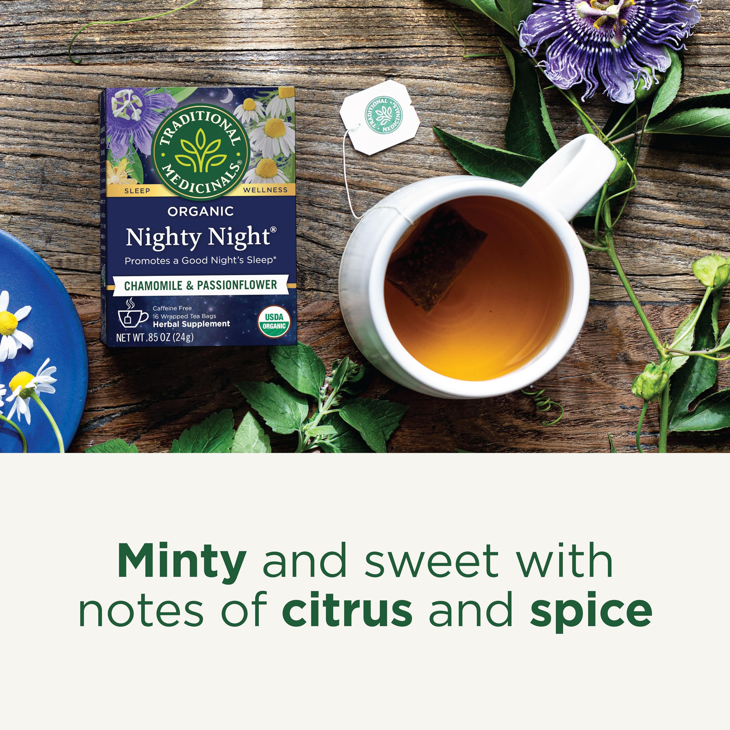 Traditional Medicinals Nighty Night label emphasizes organic, kosher certification and herbal blend