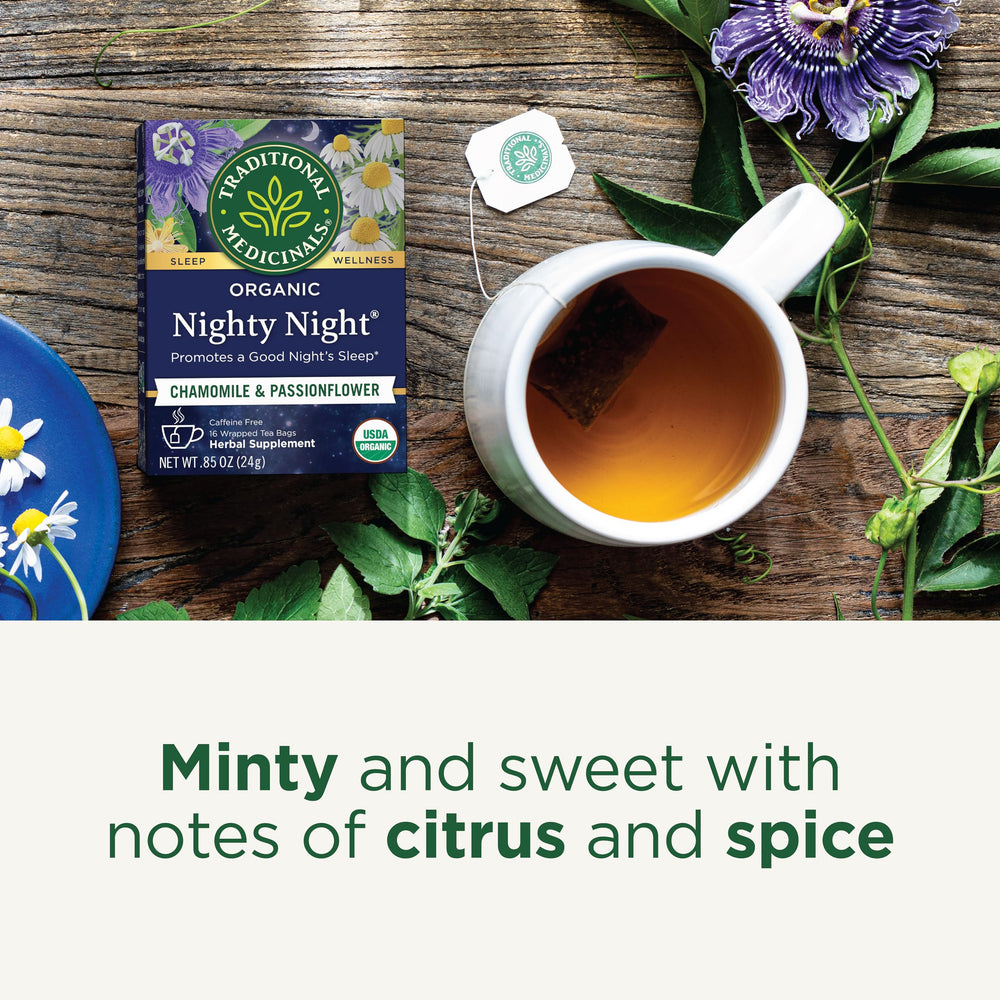 Traditional Medicinals Nighty Night label emphasizes organic, kosher certification and herbal blend
