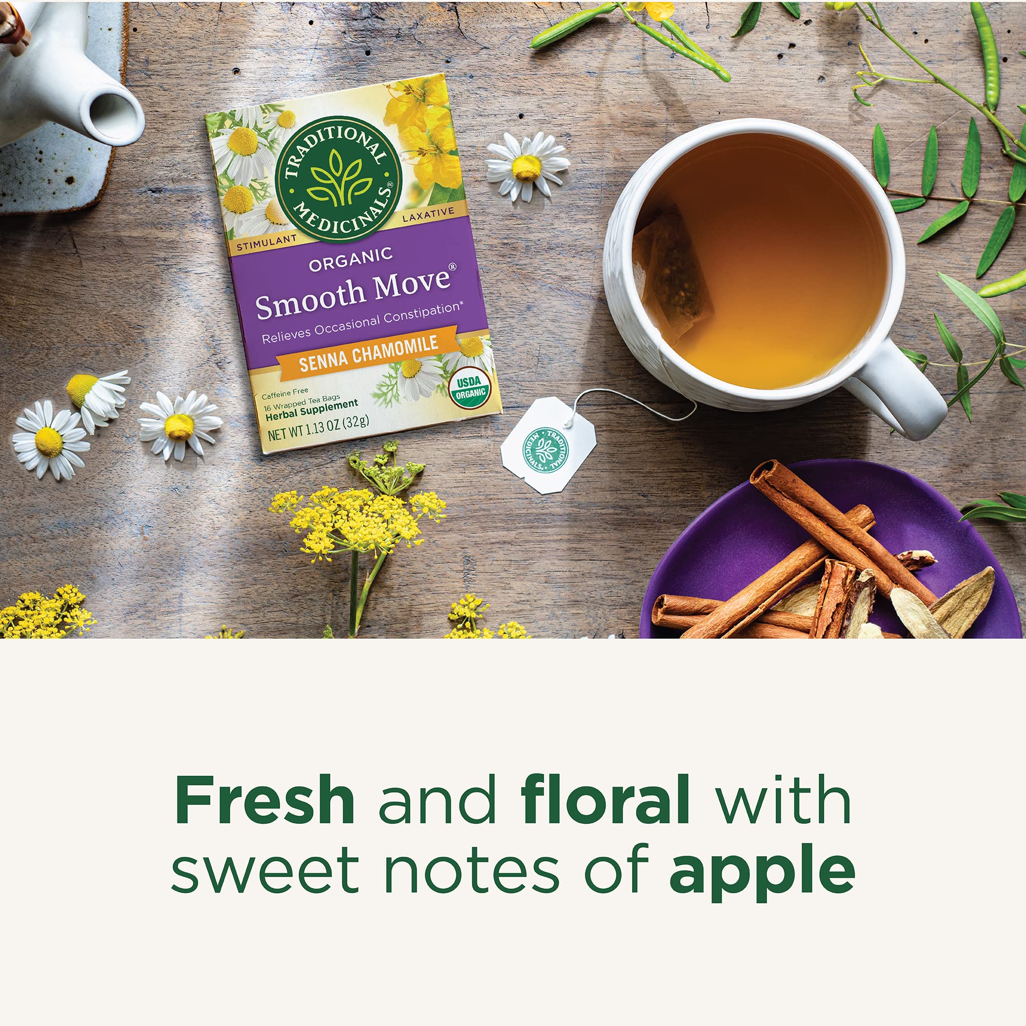 Traditional Medicinals Organic certification seal and herb sourcing note from farmers