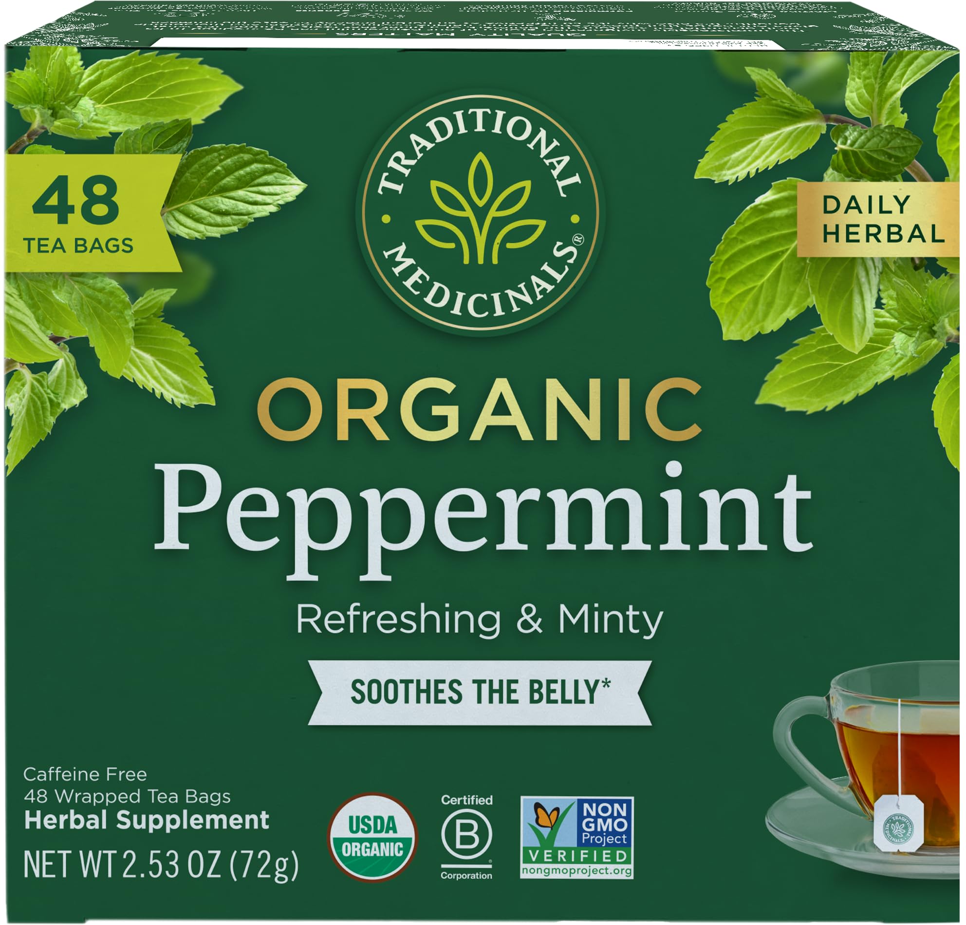 Traditional Medicinals peppermint tea bag close-up highlighting digestive comfort