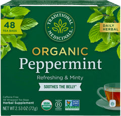 Traditional Medicinals peppermint tea bag close-up highlighting digestive comfort