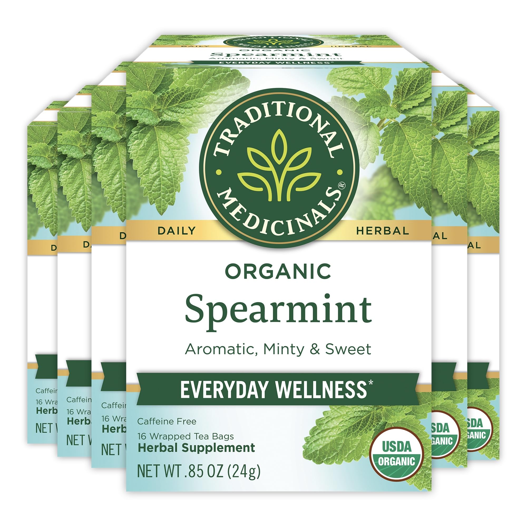 Traditional Medicinals Organic Spearmint tea bags resting for daily refreshment.