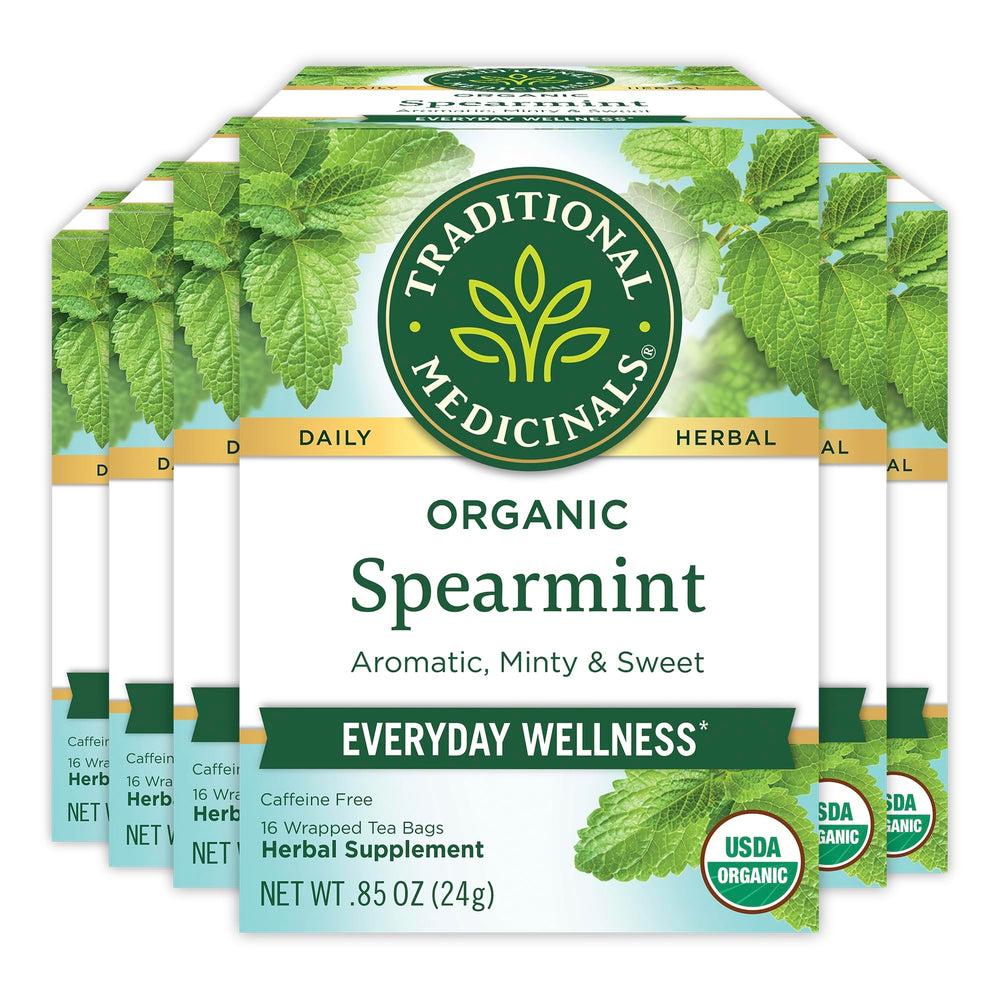 Traditional Medicinals Organic Spearmint tea bags resting for daily refreshment.