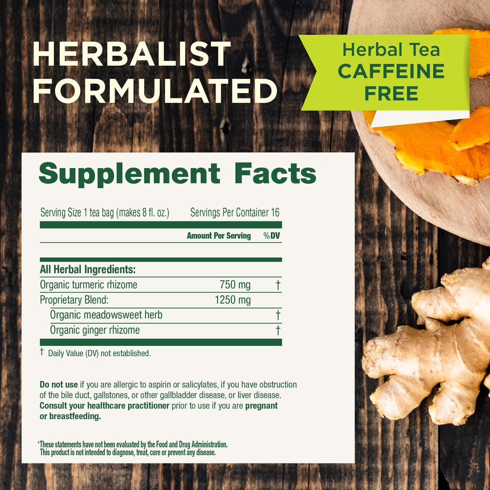 Traditional Medicinals organic turmeric tea bags ready to steep, convenient and compostable.