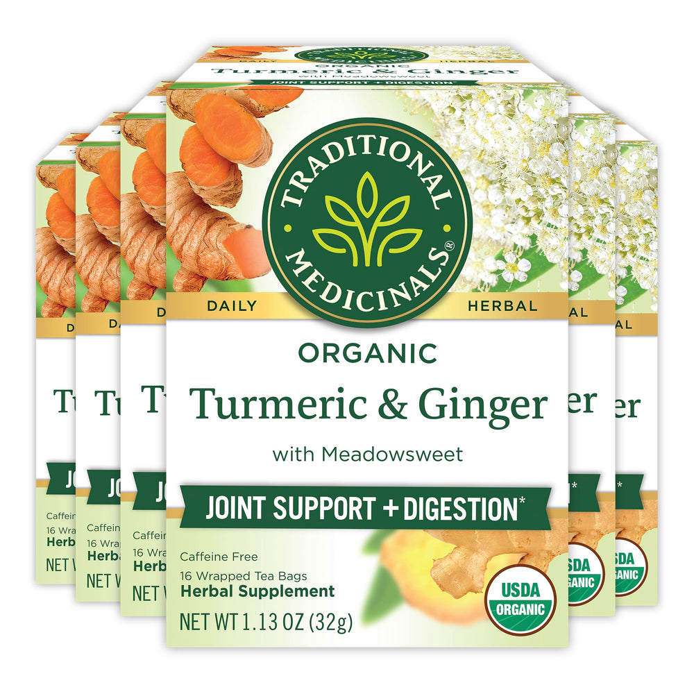 Traditional Medicinals organic turmeric tea box with meadowsweet and ginger, ideal for daily rituals