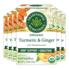 Traditional Medicinals organic turmeric tea box with meadowsweet and ginger, ideal for daily rituals