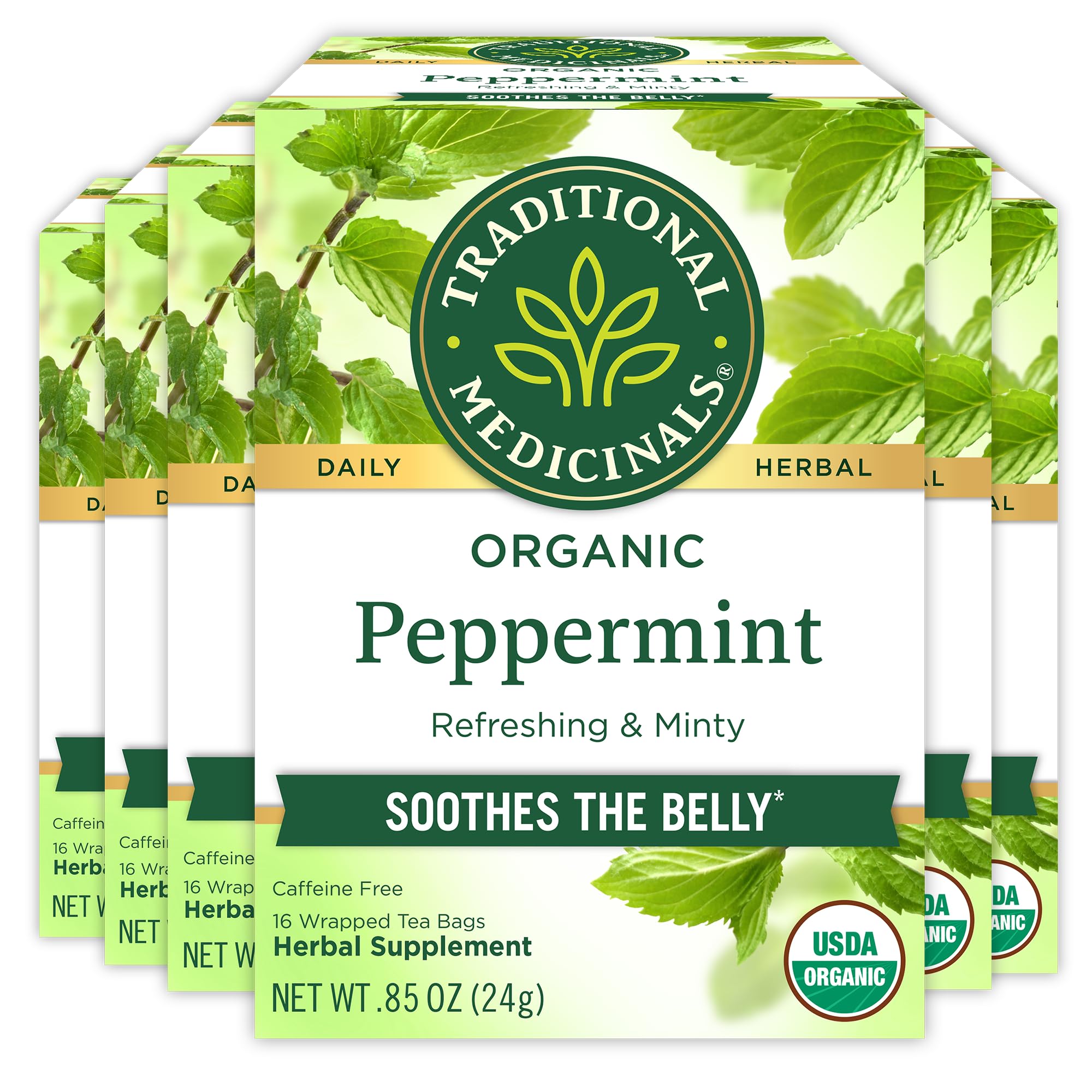 Traditional Medicinals peppermint tea box and 6-pack ready for pantry use and post-meal soothing.