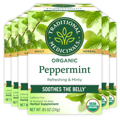 Traditional Medicinals peppermint tea box and 6-pack ready for pantry use and post-meal soothing.