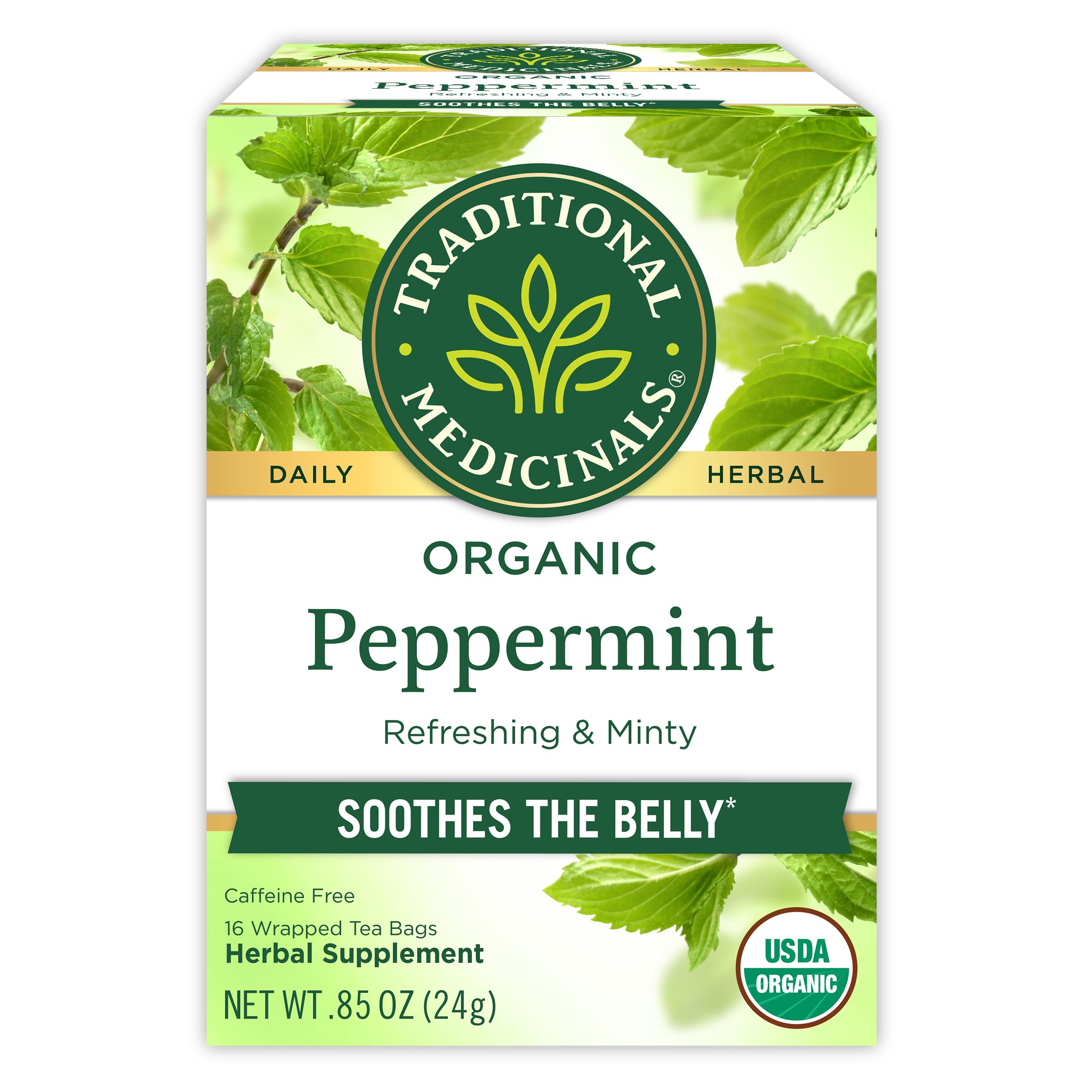Traditional Medicinals peppermint tea box with organic leaves for a fresh, calming break.