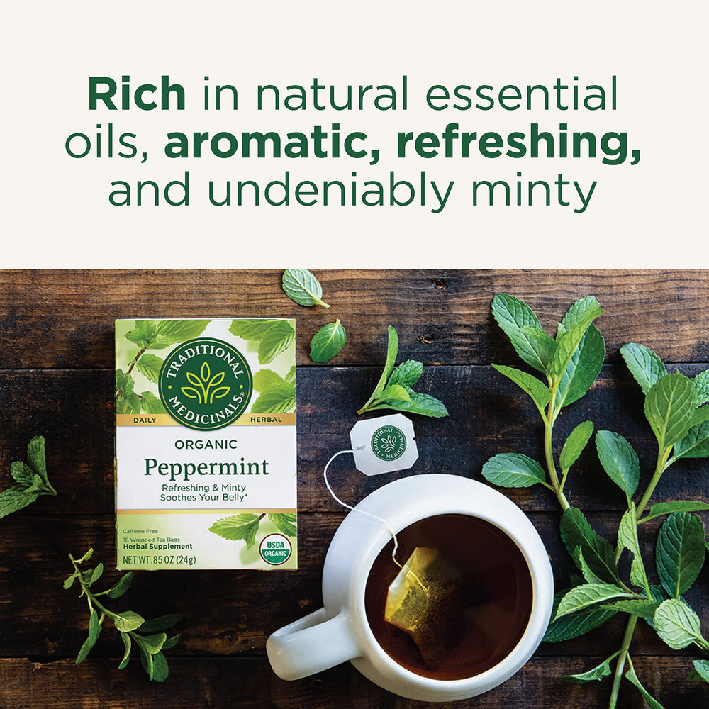 Organic peppermint leaves close-up with USDA Organic status and fresh scent.