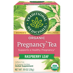 Traditional Medicinals raspberry leaf pregnancy tea bags ready for use, gentle daily support.